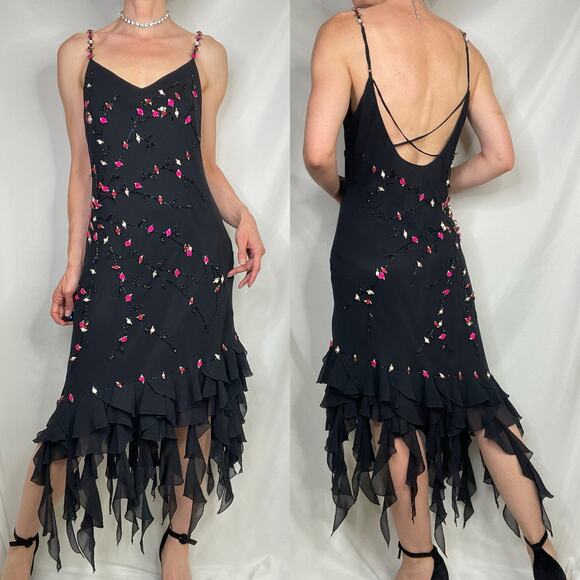 Cache silk rosette beaded slip dress prom gown ruffle formal cocktail floral M - Picture 13 of 16
